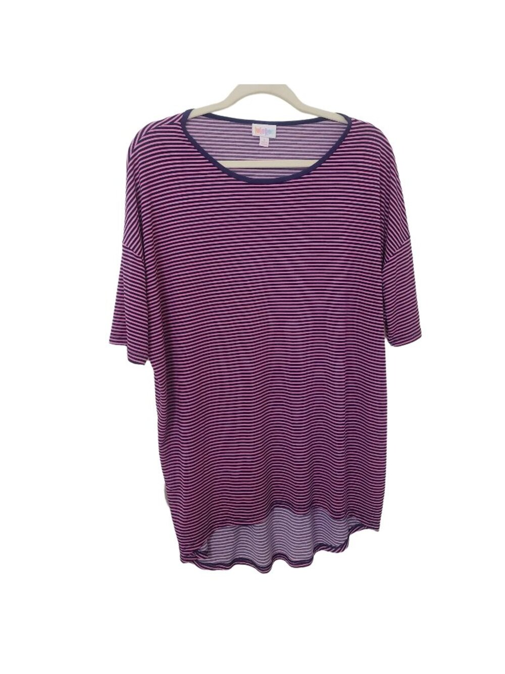 LuLaRoe Irma Tunic Shirt Small S Purple Pink Navy Stripe Dolman High Low